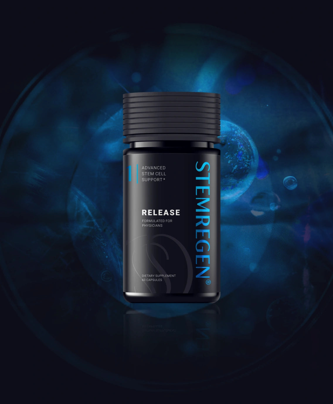 Black supplement bottle labeled 'STEMREGEN Release' on a dark background with blue circular design.
