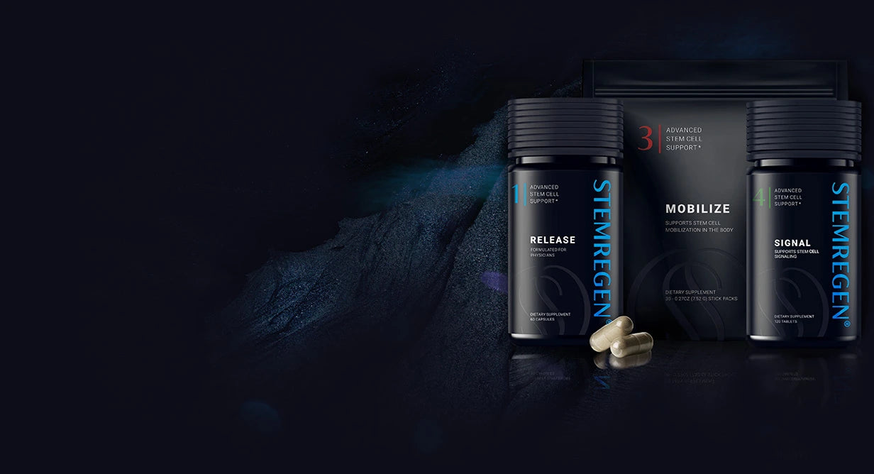 Collection of Stemregen protocol bottles on a dark background