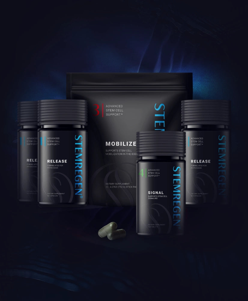 Collection of Steinergen supplement bottles and packaging on a dark background