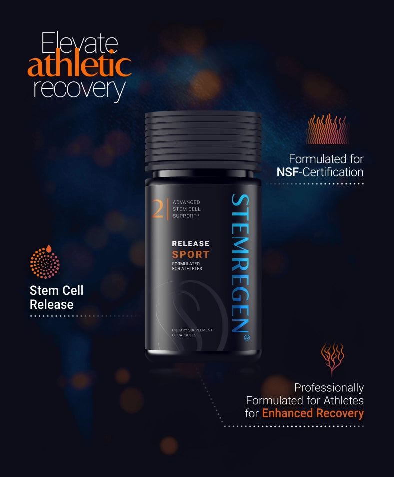 Stemregen Release SPORT bottle with benefits text on a dark background