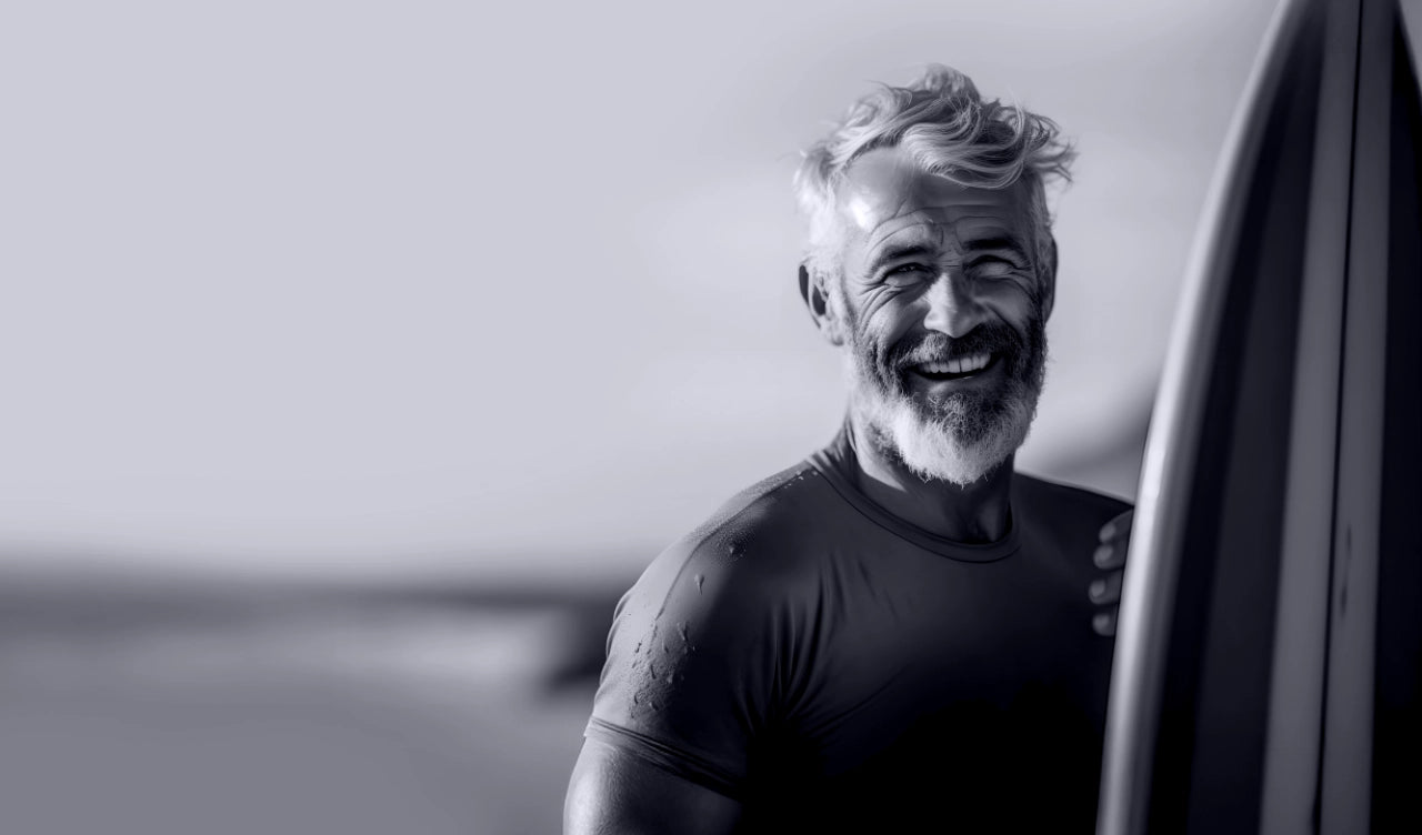black and white picture of surfer