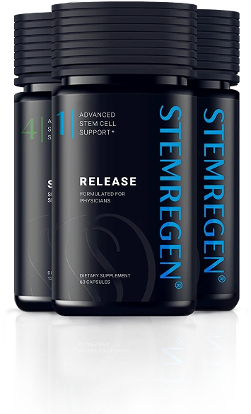 Black bottles of STEMREGEN with blue text on a white background