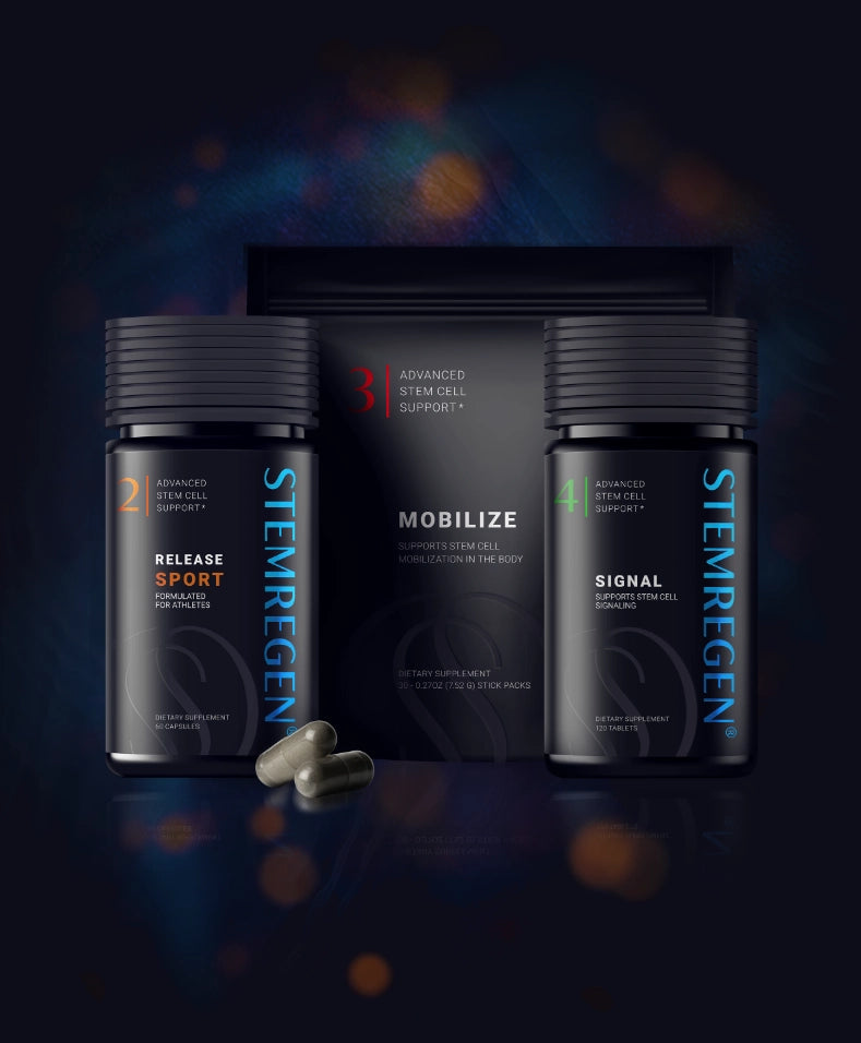 STEMREGEN supplement bottles on a dark background