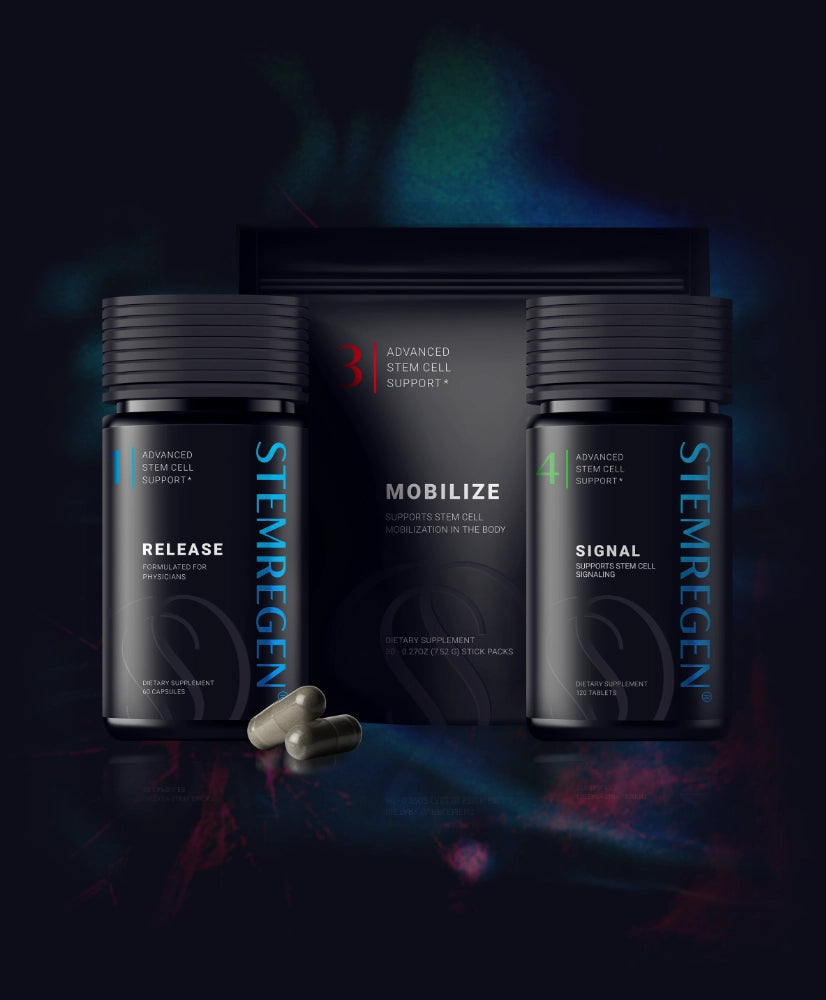 StemRegen supplement bottles and packaging on a dark background