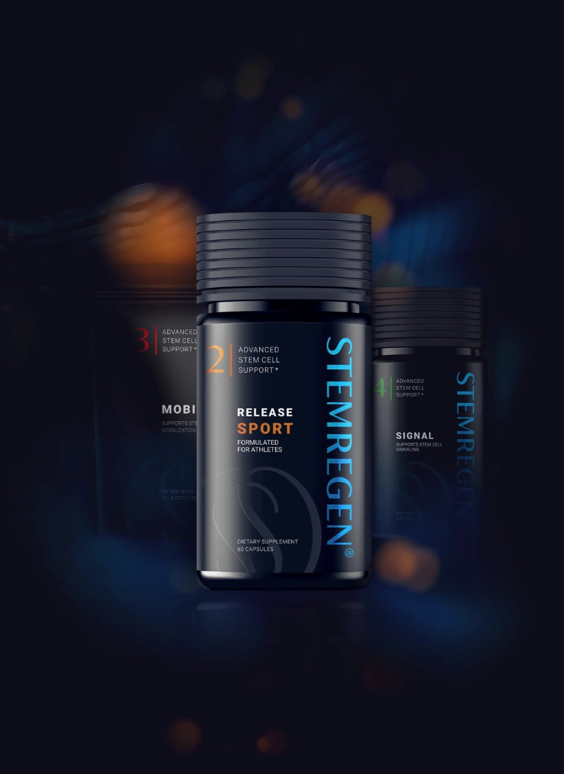 Stemregen Release Sport supplement bottles on a dark background