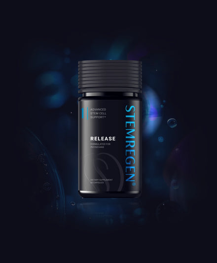 STEMREGEN Release dietary supplement bottle on a dark background