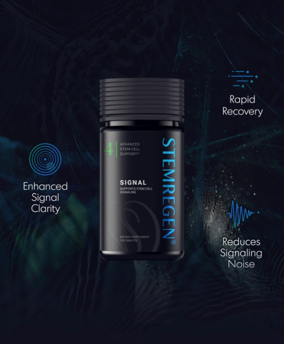 Stemgegen Signal bottle on a dark background with text about product benefits.