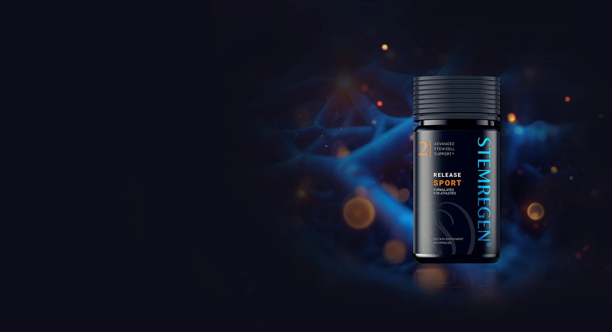 Stemregen Release SPORT bottle on a dark background with blue and orange lights