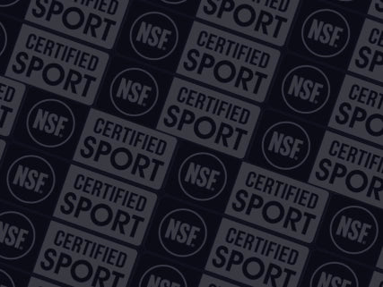 Pattern of NSF Certified Sport logos on a dark background